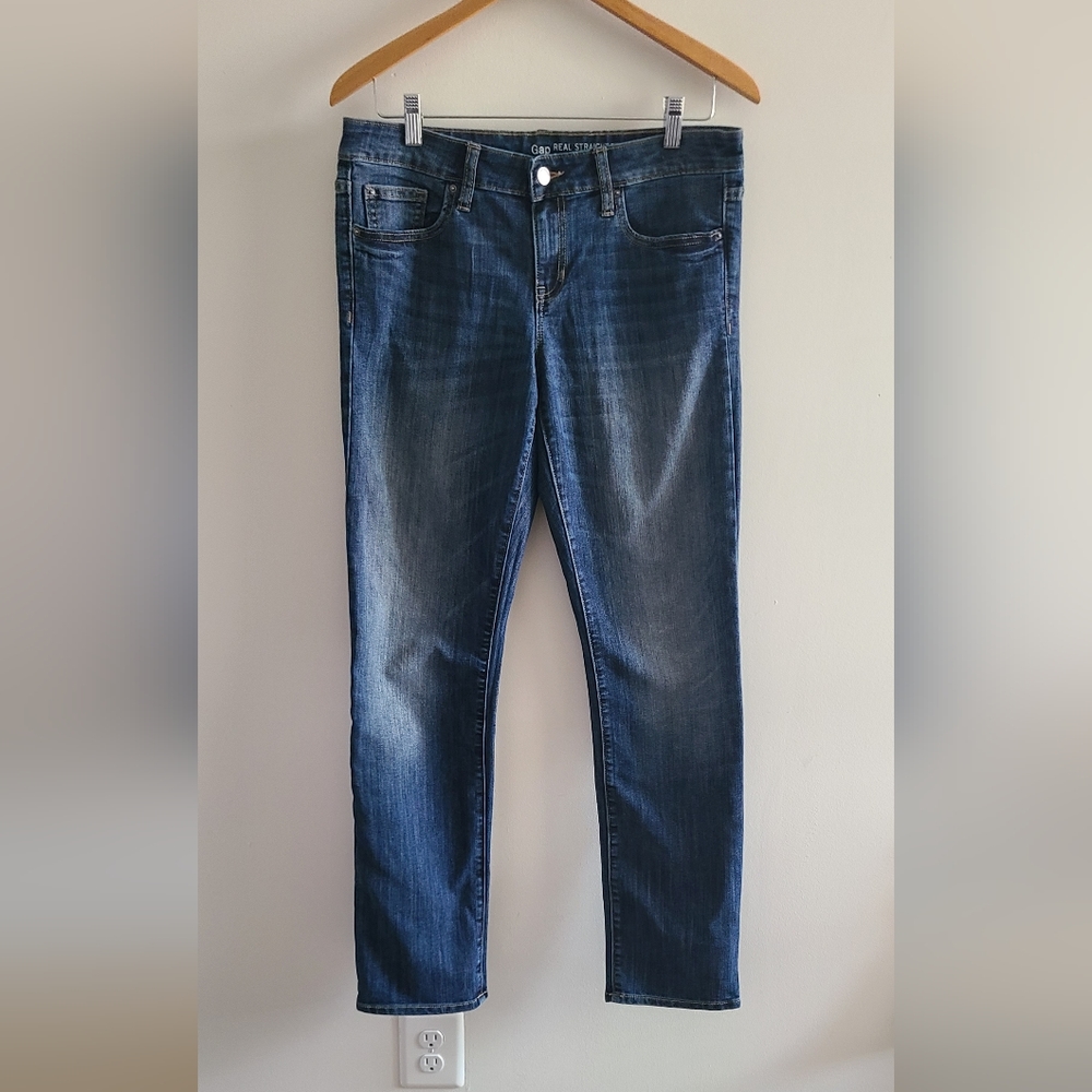 Gap Real Straight Fit Mid-Rise Dark Wash Jeans Size 8 Long